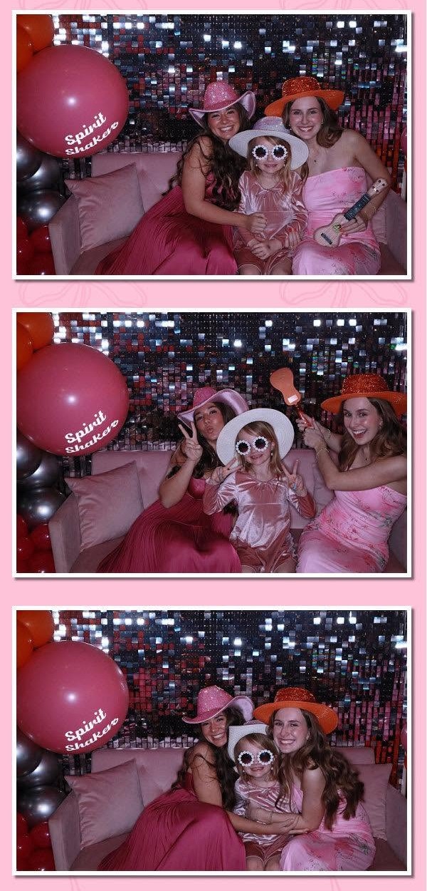 Spirit Shakers photo booth strip — guests posing at the sequin backdrop